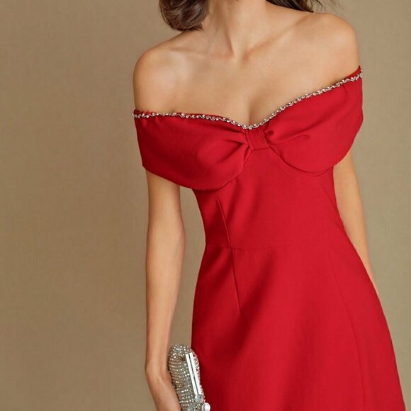 Red Elegant Women's Off Shoulder Rhinestone Trim Ruched Bust Dress - Picture 7 of 8